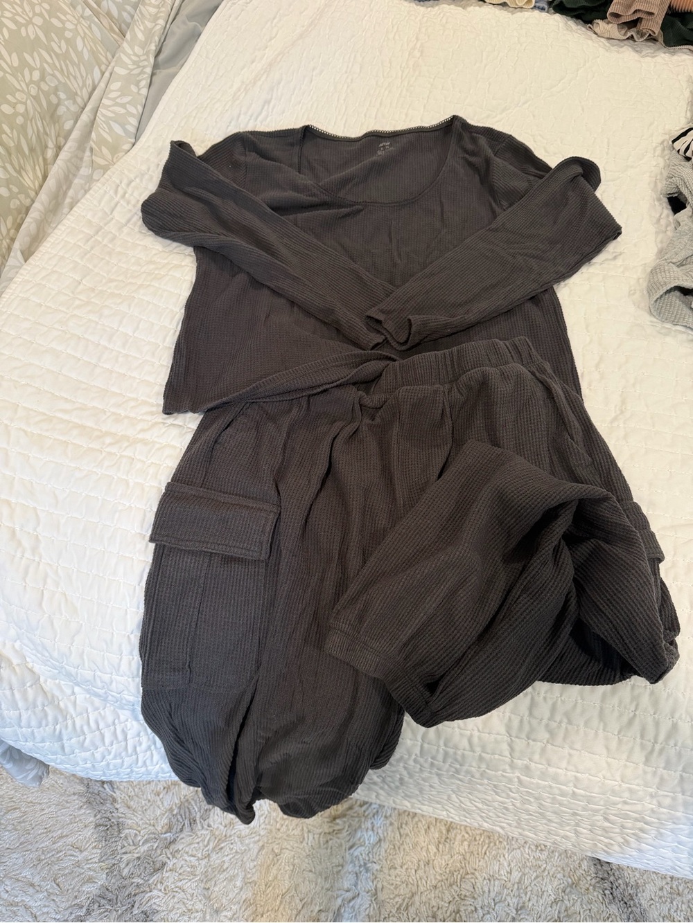 Aerie Women’s Long Sleeve Waffle Knit lounge Set - Dark Gray